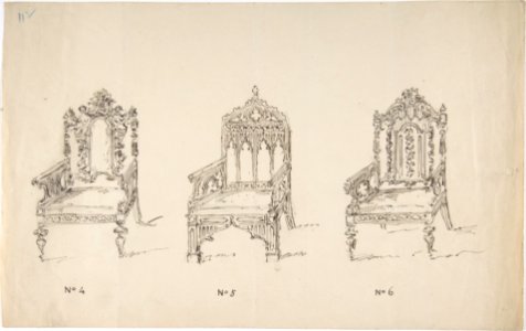 Design for Three Low Gothic or Renaissance Style Arm Chairs MET DP807150