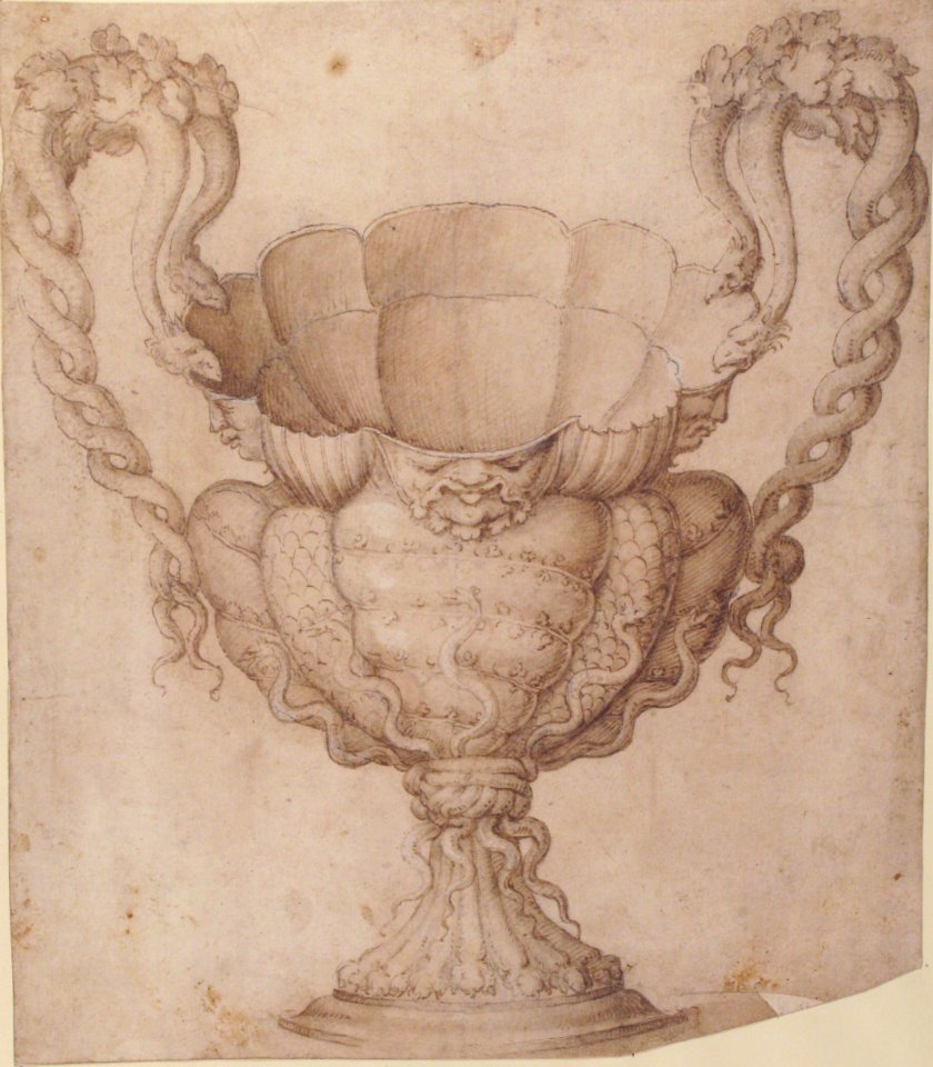 Design for a Decorated Drinking Cup with Floriated Heads around Large Mouth, Intertwined Serpents as Handles MET 1971.513.16