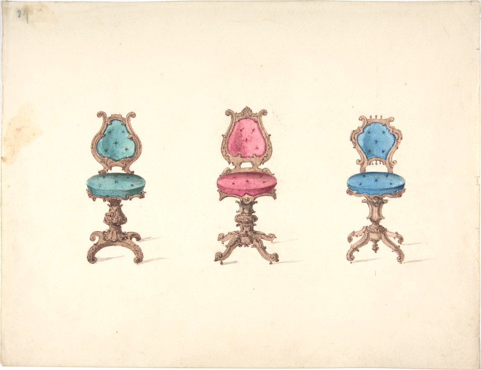 Design for Three Swivel Chairs with Green, Red and Blue Upholstery MET DP807165