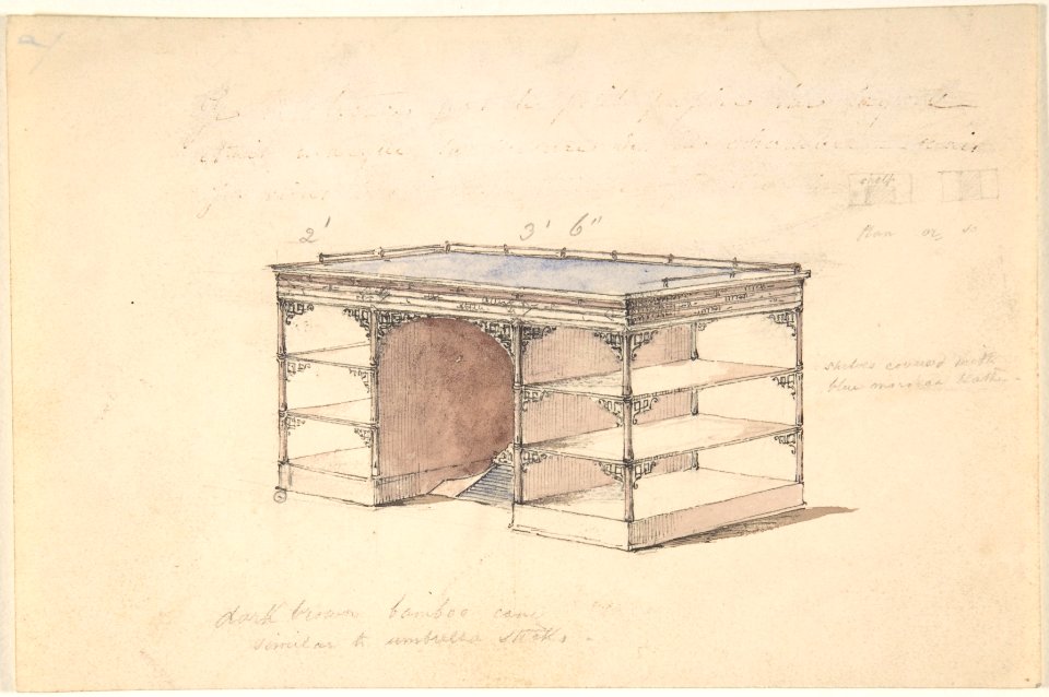 Design for a desk with shelves and a gallery MET DP806508