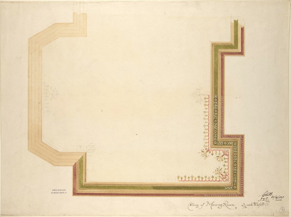 Design for a Coffered, Painted Ceiling with Floral Decoration and Colored Border MET DP801070