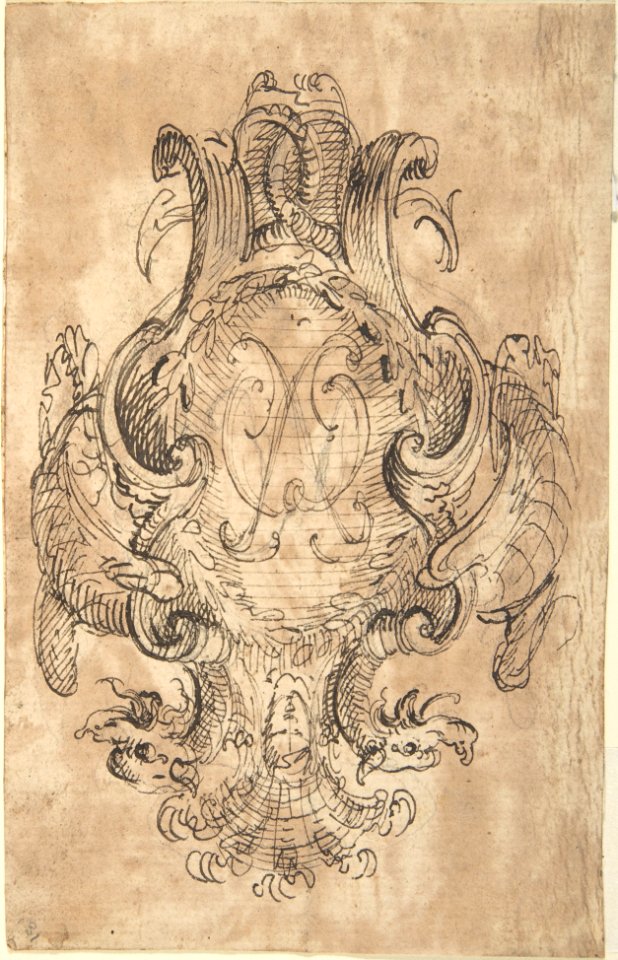 Design for a Coat of Arms with Two Dragons and Initials -?- in center (recto); Three Constructed Circles with Inscriptions (verso) MET DP803460