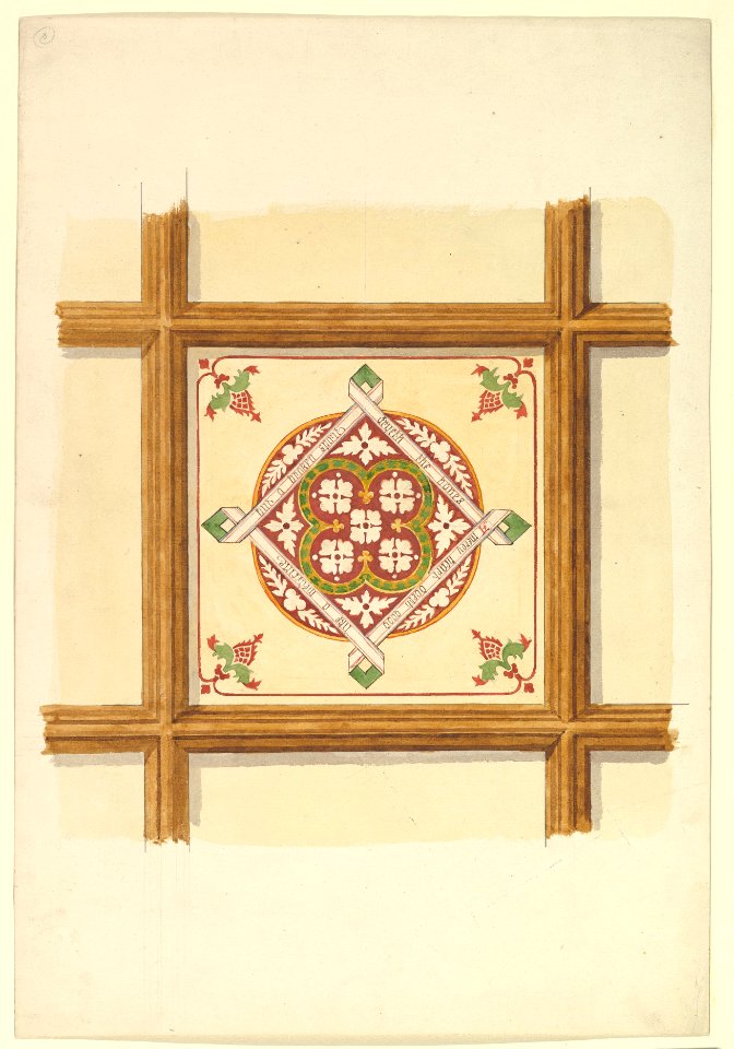 Design for a Coffered and Painted Ceiling in Rust and Olive Green, with a Quatrefoil Motif MET DP820939
