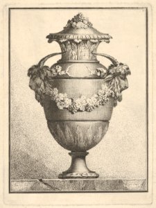 Design for a covered vase with two goat heads and a garland MET DP832092