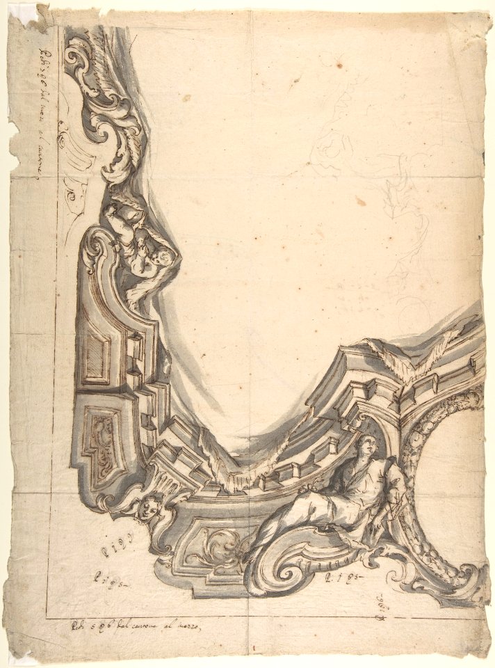 Design for a corner of a Painted Ceiling, Architectural "Cove" with a Seated Figure at the Bottom, and a Putto at the Side MET DP803618