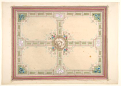 Design for a ceiling with floral accents and Greek key border MET DP811664