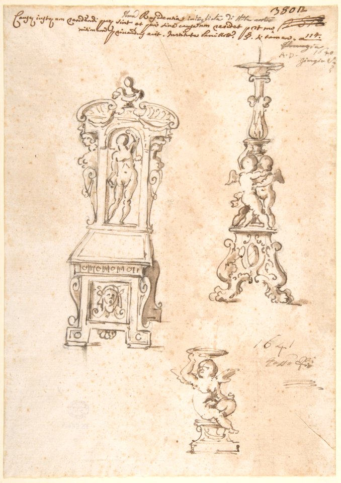 Design for a Chair, Candlestick and Putto Holding Basin MET DP802680