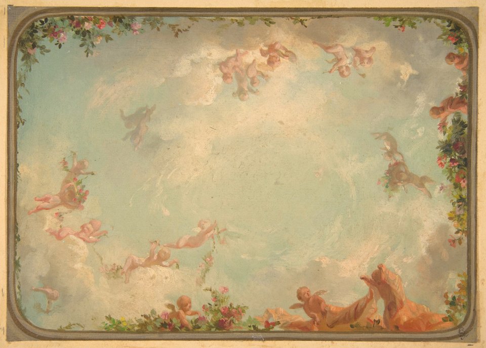 Design for a ceiling painted with putti in clouds with roses MET DP811724