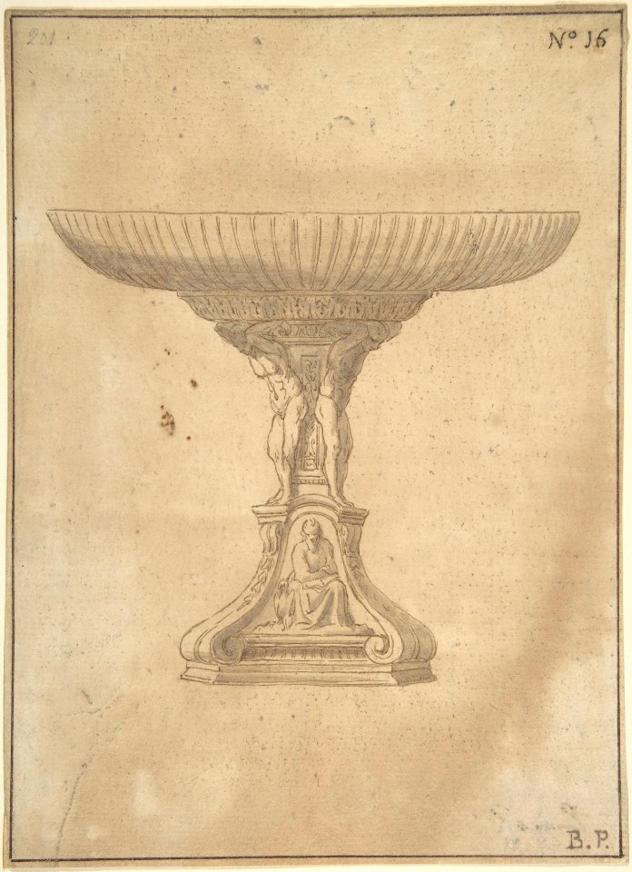 Design for a Cup Supported by Standing Nudes with Standard of Seated Figure with Book and Bird MET DP801948
