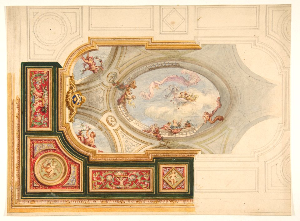 Design for a ceiling in Baroque style with a central panel in trompe l'oeil MET DP811799