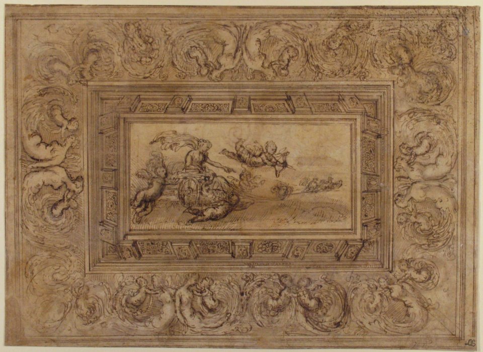 Design for a Ceiling with a Woman (Aurora?) in a Chariot and Putti (Recto). Design for an Ornamental Frieze (Verso). MET 56.648.32 RECTO