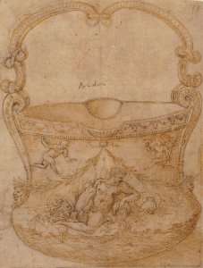 Design for a Bucket-Like Vessel with a Handle of Non-Figural Interlaces, on a Body Adorned with a River God and Two Putti. MET 49.19.66