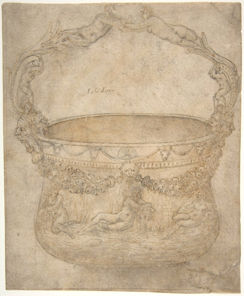 Design for a Bucket-Like Vessel with a Handle of Interlaced Figures, on a Body Adorned with Bucrania, Garlands, and Three River Gods. MET DP809938