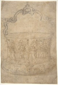 Design for a Bucket-Like Vessel with a Handle of Strapwork, on a Body Adorned with Dancing and Music-Making Antique-Style Figures. MET DP809937