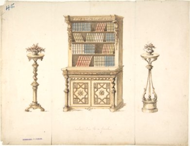 Design for a Cabinet-Bookcase and Two Stands for Flowers MET DP807048