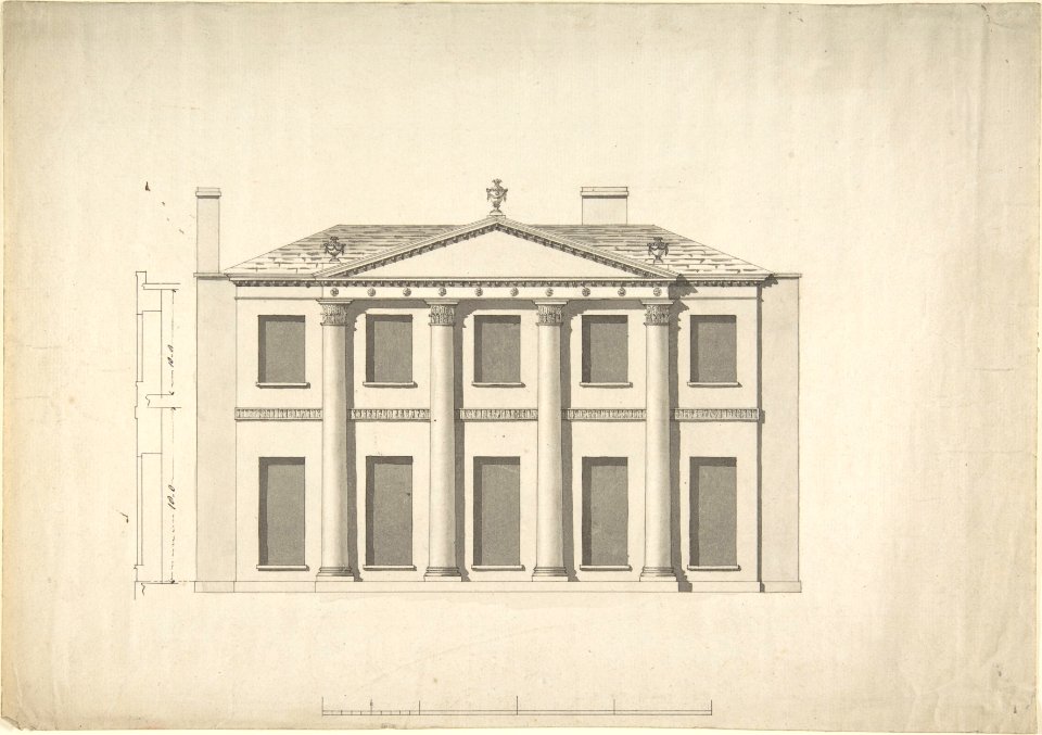 Design for a Building Facade of Two Storeys and Five Bays, with a Pediment and an Adamesque Portico, Elevation and Wall Plan MET DP806254