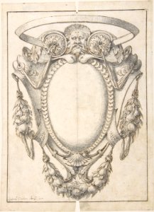 Design for a Cartouche Decorated with a Mask, Swags and Rosettes. MET DP809061