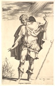 Empedocles, standing frontally with his head turned in three-quarter view, directs his gaze toward a flame (the crater of Mount Aetna?) emerging from a horizontal ground line, a walking stick leans toward the right margin MET DP829676