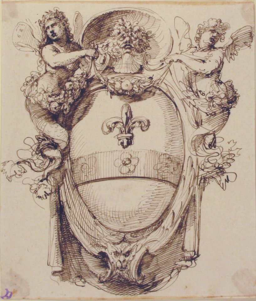 Design for a Cartouche flanked by winged Sirens with a Coat of Arms containing a Fleur-de-Lis MET 52.570.126
