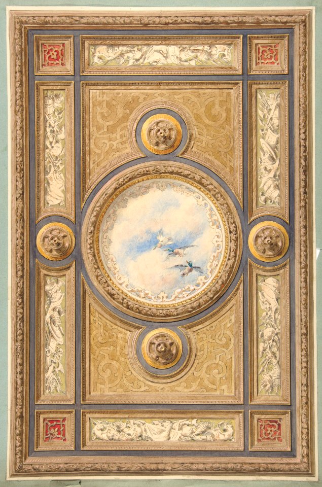 Design for a carved and painted ceiling with clouds and ducks in the central circular panel MET DP811566