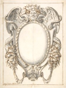 Design for a Cartouche with Zoomorphic Mask above and Cornucopia of Fruit and Leaves on the Sides. MET DP809062