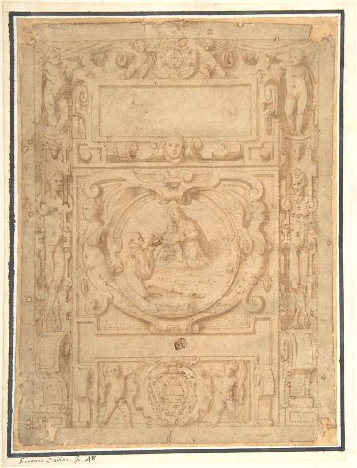 Design for a Cartouche with the "IHS" Monogram of the Society of Jesus, Putti, Fantastick Creatures, at the Borders, a Central Scene of the Virgin and Child with a Monastic Figure, and the Family Arms of a Cardinal MET DP801968