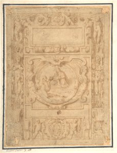 Design for a Cartouche with the "IHS" Monogram of the Society of Jesus, Putti, Fantastick Creatures, at the Borders, a Central Scene of the Virgin and Child with a Monastic Figure, and the Family Arms of a Cardinal MET DP801968