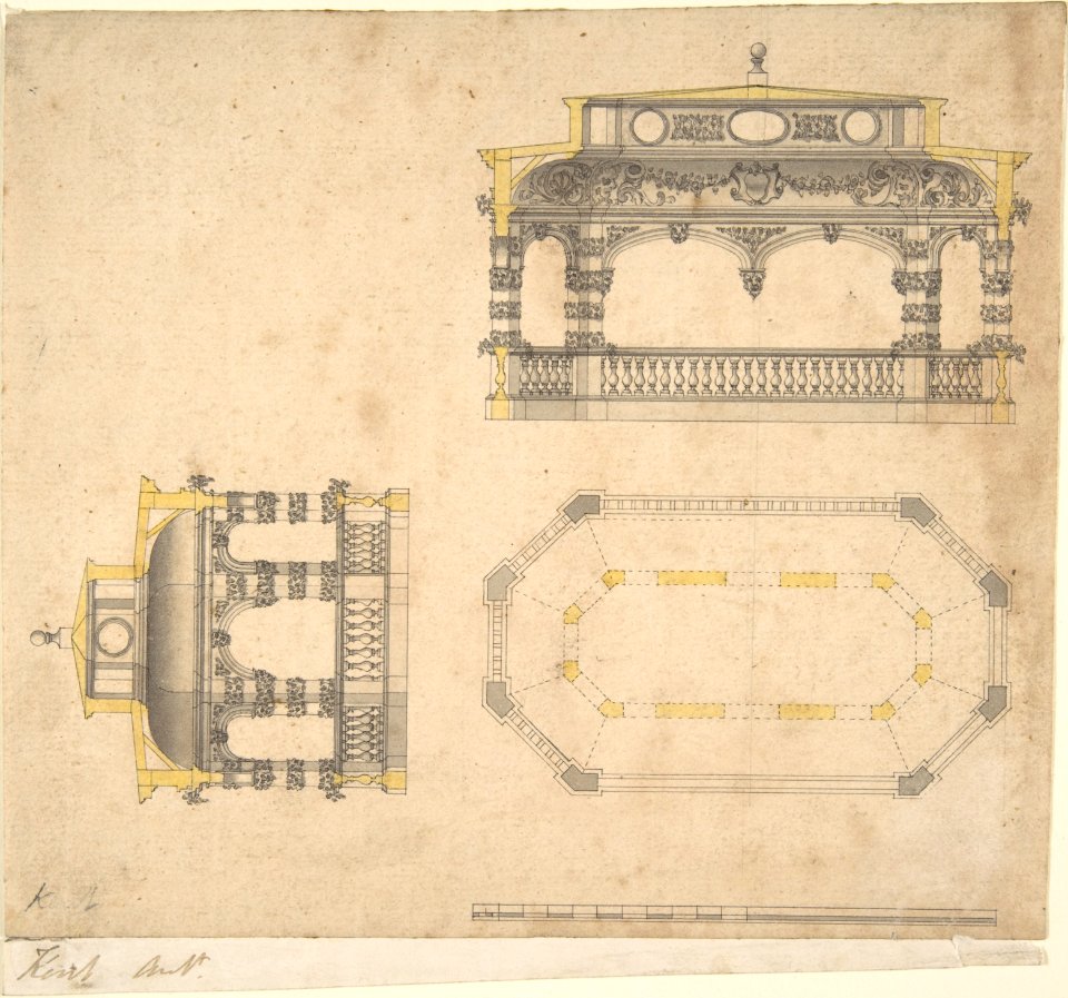 Design for a Bath in the Form of an Elongated Polygonal Temple, Plan and Two Elevations MET DP805225