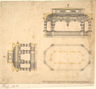 Design for a Bath in the Form of an Elongated Polygonal Temple, Plan and Two Elevations MET DP805225