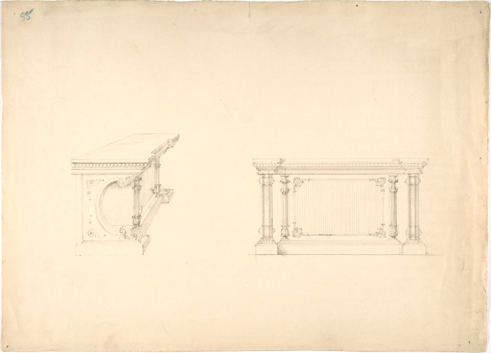 Design for a Cabinet with Columns and Inset Fabric Panels- Elevation and Side View MET DP807309