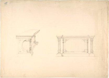 Design for a Cabinet with Columns and Inset Fabric Panels- Elevation and Side View MET DP807309