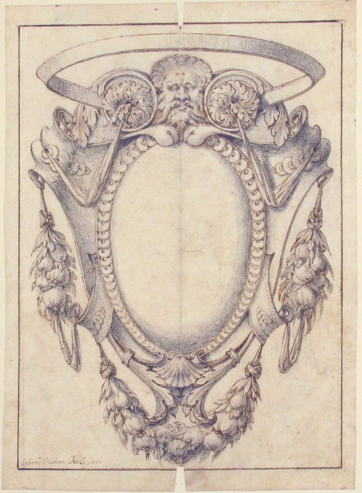 Design for a Cartouche Decorated with a Mask, Swags and Rosettes. MET 68.774.3