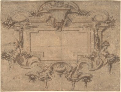 Design for a Cartouche or Wall Panel with Scrollwork, Masks and Female Figures MET DP802661
