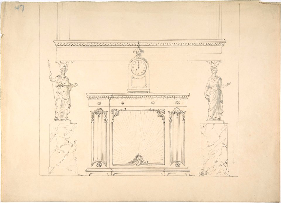 Design for a Cabinet with Inset Fabric Panels, and Two Female Classical Statues on Marble Pedestals MET DP807310