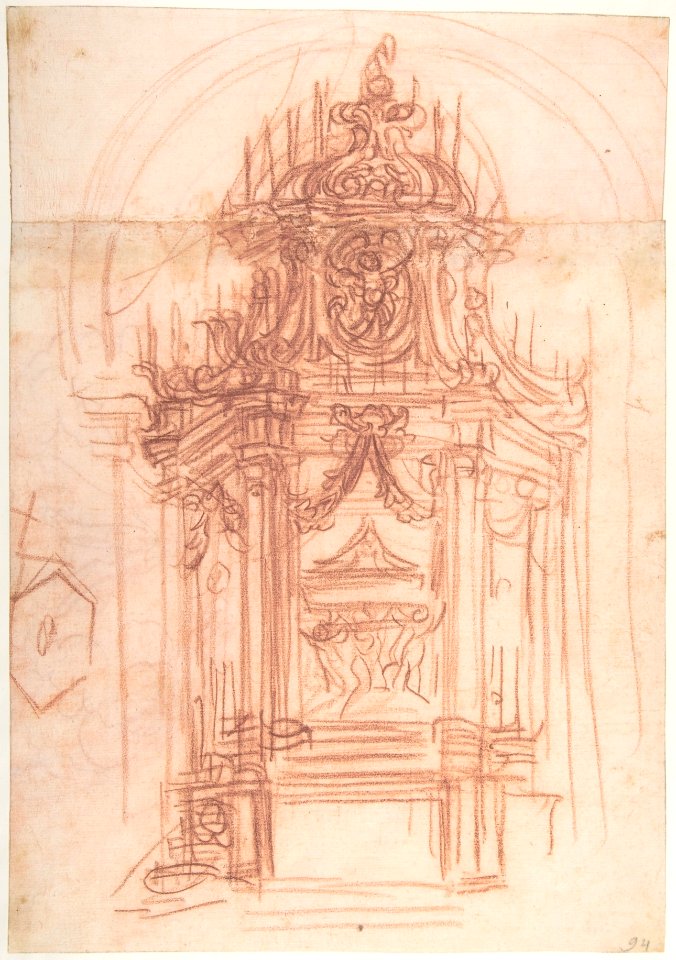 Design for a Catafalque (recto); Female Saint Kneeling on Clouds under an Arch, and a Design for the Pinnacle of the Catafalque (verso) MET DP809754