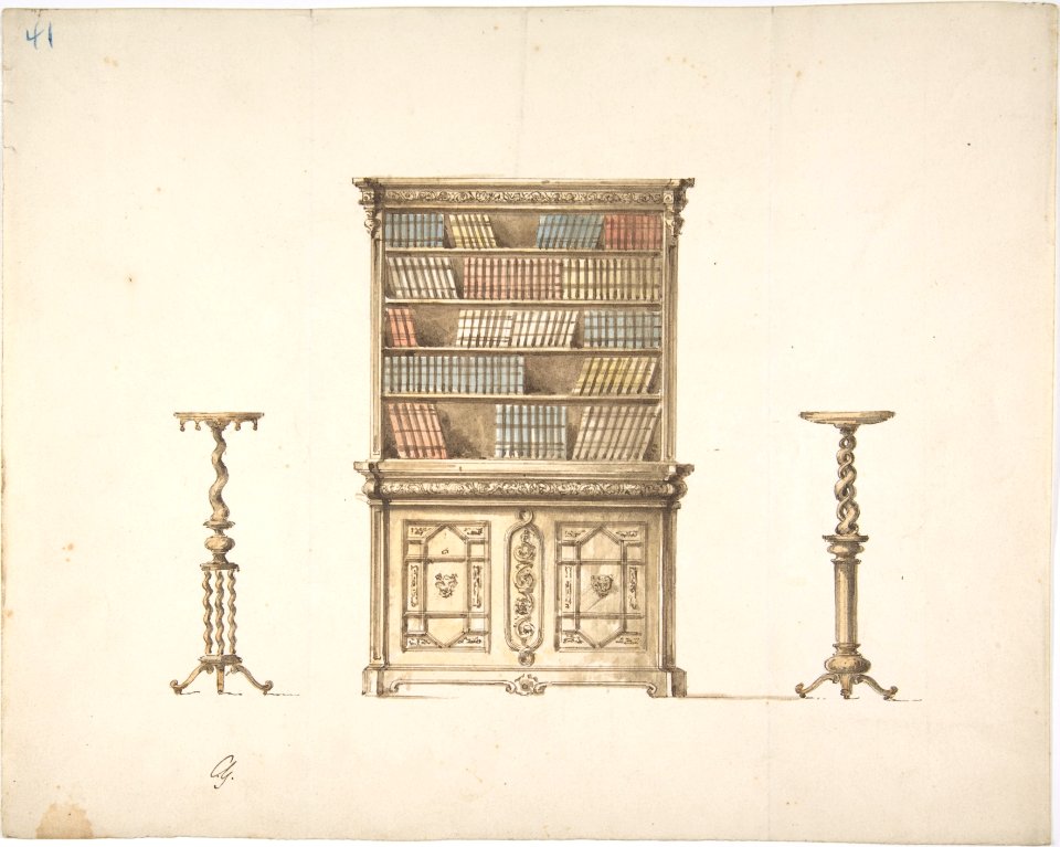 Design for a Bookcabinet and Two Pedestals (Verso- sketch) MET DP807317