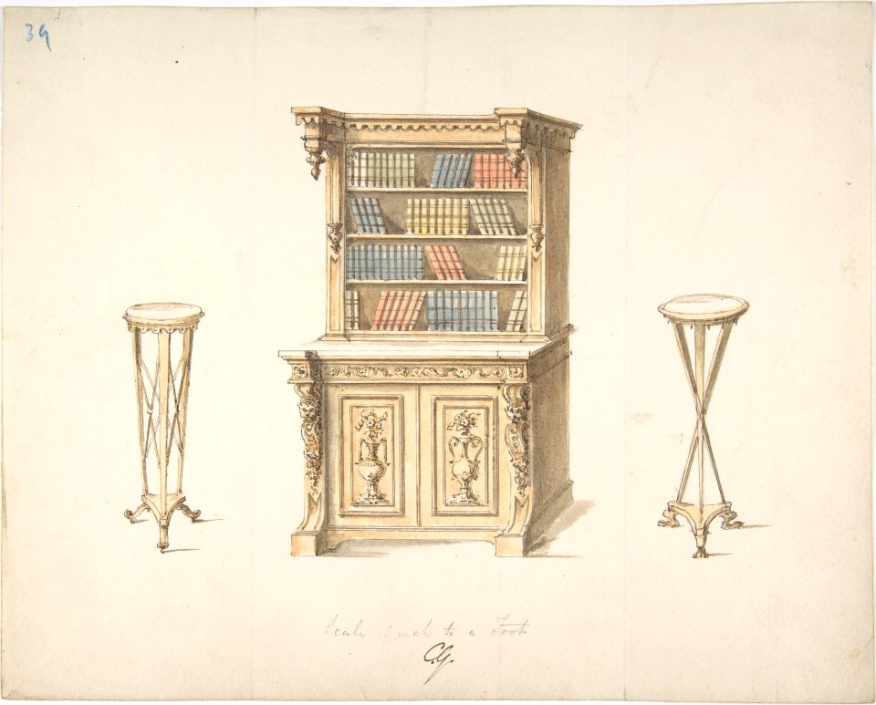 Design for a Bookcabinet and Two Pedestals MET DP807319