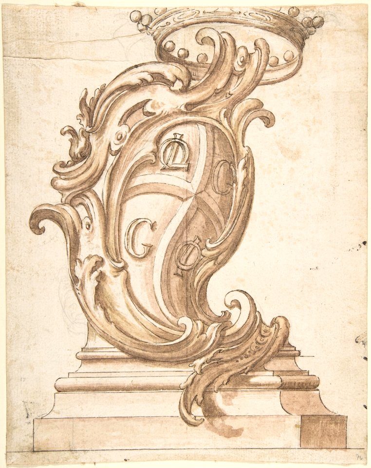 Design for a Cartouche on a Base, Surmounted by a Crown, with Arms with the Initials OL, G, G, and OI. MET DP803638