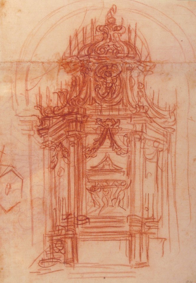 Design for a Catafalque (recto); Female Saint Kneeling on Clouds under an Arch, and a Design for the Pinnacle of the Catafalque (verso) MET 1975.120 RECTO