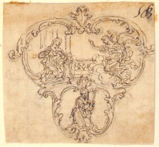 Design for a Cartouche with an Annunication above and a Kneeling Figure with Staff Below. MET 52.570.264