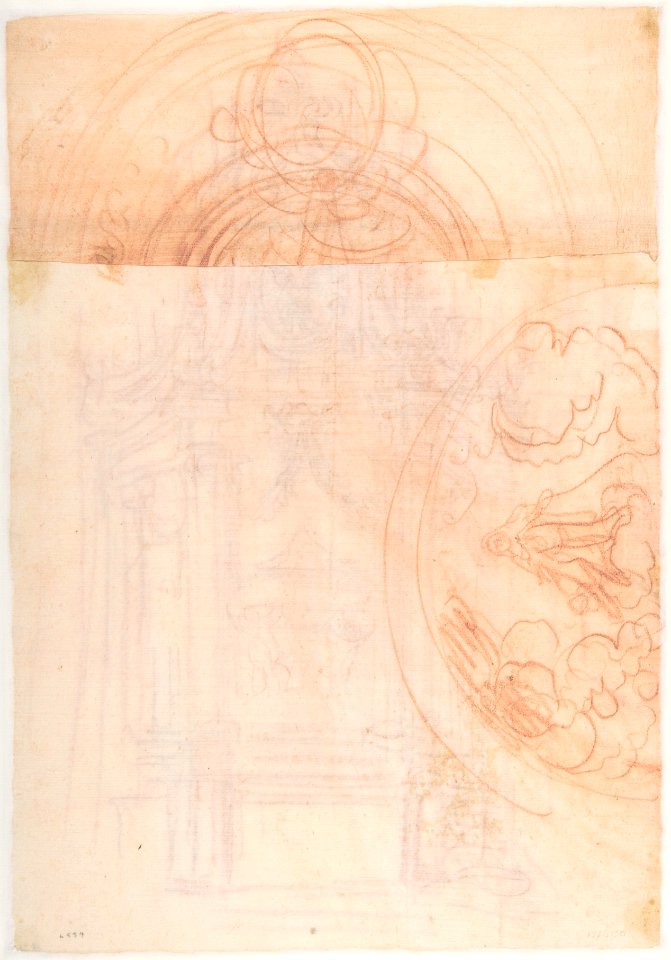 Design for a Catafalque (recto); Female Saint Kneeling on Clouds under an Arch, and a Design for the Pinnacle of the Catafalque (verso) MET DP809755