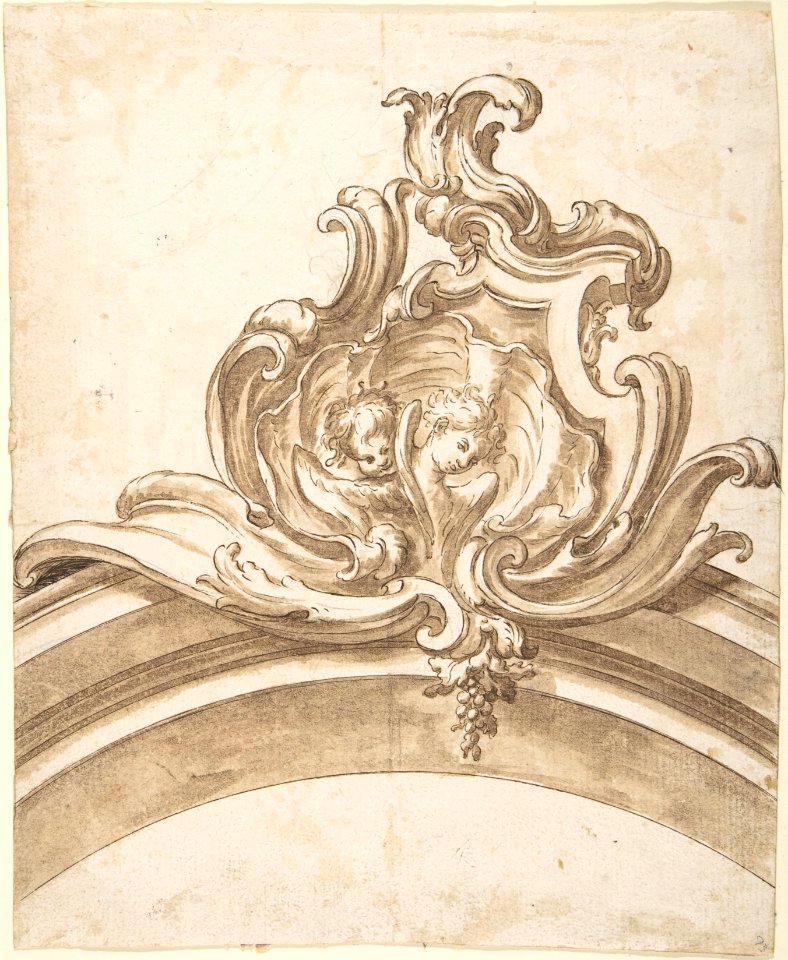 Design for a Cartouche with Two Putti Heads inside a Shell, Atop of an Arch MET DP803637