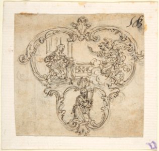 Design for a Cartouche with an Annunication above and a Kneeling Figure with Staff Below. MET DP809599