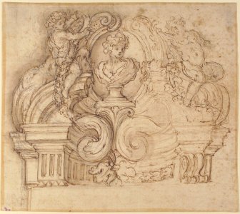 Design for an Overdoor or the Top of a Niche with a Bust and Garland-bearing Putti MET 52.570.233