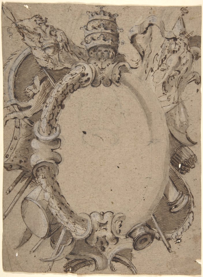 Design for Cartouche with Banners, Drums, Leaves and a Woman's Head with Tiara. MET DP807998