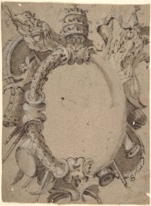 Design for Cartouche with Banners, Drums, Leaves and a Woman's Head with Tiara. MET DP807998