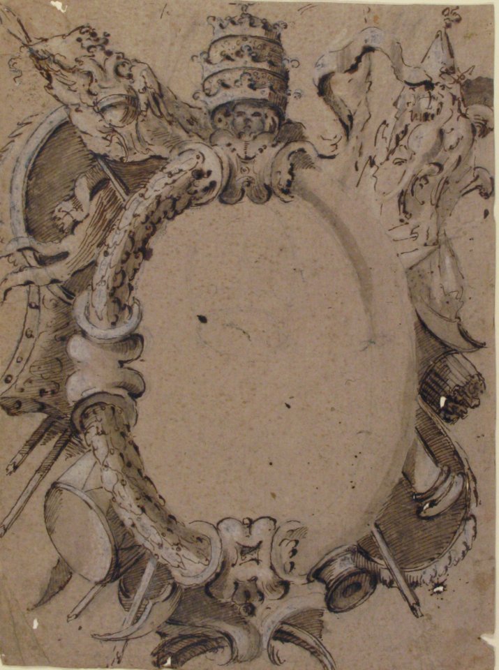 Design for Cartouche with Banners, Drums, Leaves and a Woman's Head with Tiara. MET 49.63.289