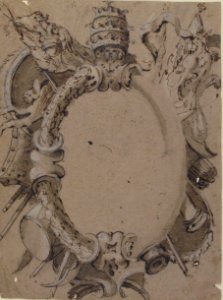 Design for Cartouche with Banners, Drums, Leaves and a Woman's Head with Tiara. MET 49.63.289