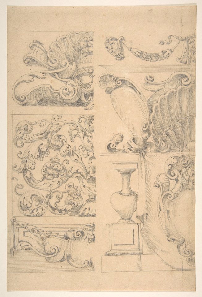 Design for Cartouches Decorated with Sea-Shells, Garlands, Foliage, Volutes and Urns MET DP810678