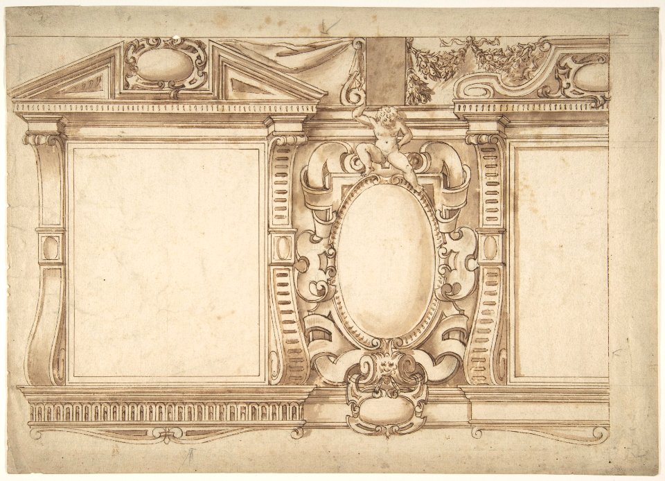 Design for an Interior Wall with Pedimented Niches or Windows, Flanking a Cartouche MET DP802118